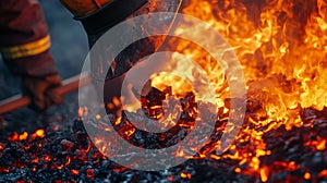 Intense flames erupt as a brave firefighter battles the heat. The fiery scene encapsulates the struggle against photo