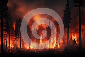 Intense flames from a massive forest fire. Generative AI