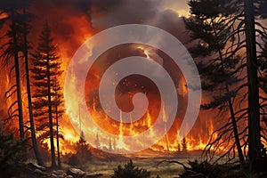 Intense flames from a massive forest fire. Generative AI