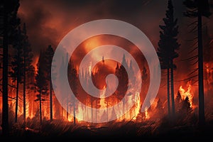 Intense flames from a massive forest fire. Generative AI