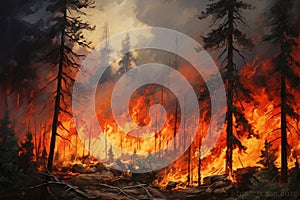 Intense flames from a massive forest fire. Generative AI