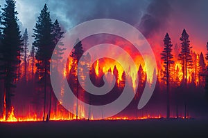Intense flames from a massive forest fire, generative ai. Flames light up the evening as they rage thru pine forests and sage