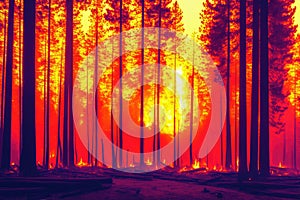 Intense flames from a massive forest fire, generative ai. Flames light up the evening as they rage thru pine forests and sage