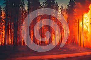 Intense flames from a massive forest fire, generative ai. Flames light up the evening as they rage thru pine forests and sage