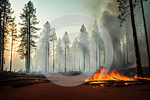 Intense flames from a massive forest fire, generative ai. Flames light up the evening as they rage thru pine forests and sage