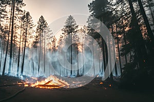 Intense flames from a massive forest fire, generative ai. Flames light up the evening as they rage thru pine forests and sage