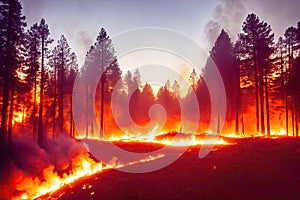 Intense flames from a massive forest fire, generative ai. Flames light up the evening as they rage thru pine forests and sage