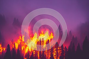 Intense flames from a massive forest fire, generative ai. Flames light up the evening as they rage thru pine forests and sage