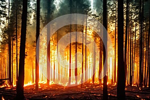 Intense flames from a massive forest fire, generative ai. Flames light up the evening as they rage thru pine forests and sage