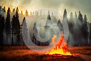 Intense flames from a massive forest fire, generative ai. Flames light up the evening as they rage thru pine forests and sage