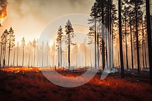 Intense flames from a massive forest fire, generative ai. Flames light up the evening as they rage thru pine forests and sage