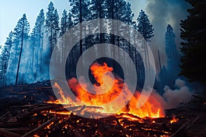 Intense flames from a massive forest fire, generative ai. Flames light up the evening as they rage thru pine forests and sage