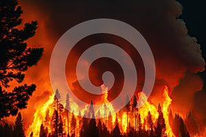 Intense flames from a massive forest fire, generative ai. Flames light up the evening as they rage thru pine forests and sage