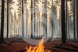 Intense flames from a massive forest fire, generative ai. Flames light up the evening as they rage thru pine forests and sage