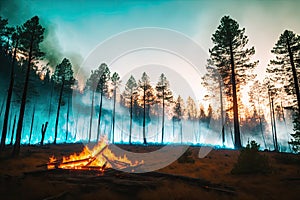 Intense flames from a massive forest fire, generative ai. Flames light up the evening as they rage thru pine forests and sage