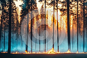 Intense flames from a massive forest fire, generative ai. Flames light up the evening as they rage thru pine forests and sage