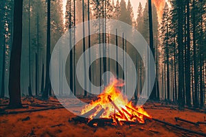 Intense flames from a massive forest fire, generative ai. Flames light up the evening as they rage thru pine forests and sage