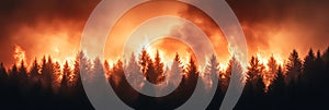 Wildfire burning through pine forest at night, creating dramatic scene photo