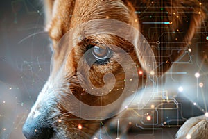 Intense gaze of a brown dog with a background of glowing futuristic circuitry graphics