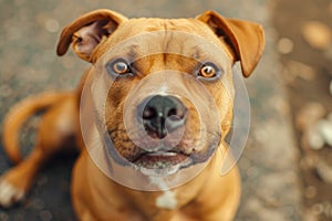 Intense Gaze of a Brown Pitbull Dog with Stunning Eyes in Natural Light, Portrait of Expressive Canine Friend