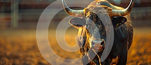 Intense Gaze: A Bull\'s Quiet Moment in the Arena. Concept Bull, Intense Gaze, Quiet Moment, Arena,