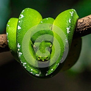 Intense Gaze of a Coiled Green Tree Python
