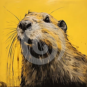 Intense Gaze: Glorious Yellow Ground Beaver Painting In David Yarrow Style