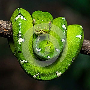 Intense Gaze of a Green Tree Python on a Branch