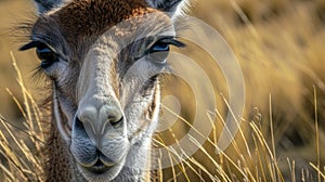 The intense gaze of a guanacos large dark eyes fills the frame in this closeup shot. Its long eyelashes and soft fluffy