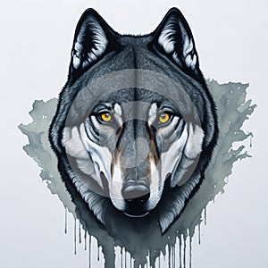 Intense Gaze: A Striking Symmetrical Watercolor Portrait of an Adult Grey Wolf