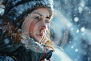 Intense Gaze of a Young Woman Braving a Snowstorm in a Winter Wonderland at Dusk Created With Generative AI Technology
