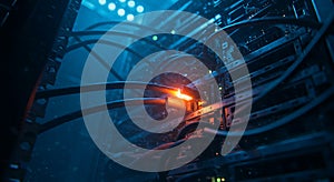 Intense glow of data transmission in a server rack