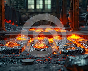 Intense Glow of Hot Metal in Industrial Foundry, Molten Steel Pouring and Solidification Under Harsh Working Conditions photo