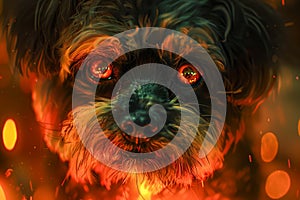 Intense Glowing Eyes Dog Portrait in Festive Fiery Ambiance High Quality Image Perfect for Pet Lovers, Home Decor, and Fantasy