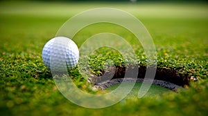 Intense golf ball rolling towards hole on green course, anticipation with blurred background