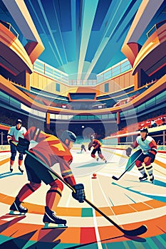 Intense Ice Hockey Match in a Vibrant Stadium Illustration