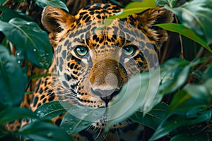 Intense Jaguar Staring Through Lush Green Foliage in Natural Habitat, Wildcat Camouflage in the Jungle