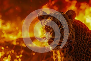 Intense Leopard Portrait with Fiery Wildfire Background in Vivid Orange and Red Tones, Wildlife Danger and Natural Disaster