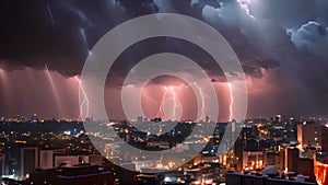Intense lightning bolts striking above cityscape at night