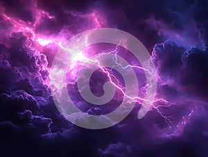 Intense lightning strike illuminates dramatic purple and blue storm clouds during a powerful thunderstorm