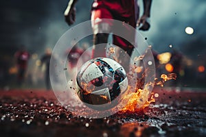 Intense moment, footballers close-up, precision kick at free-kick point, soccer ball poised