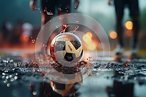 Intense moment, footballers close-up, precision kick at free-kick point, soccer ball poised