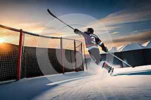 The intense moment of a slapshot as the hockey stick makes contact with the puck, sending it flying towards the net photo