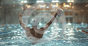 The Intense Moment a Water Polo Player Stretches to Secure the Ball, Pool Water Splashing in Anticipation