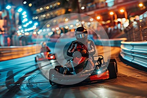 Intense night go-kart race on a lit track