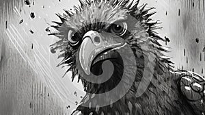 Intense Noir Comic Art: Close-up Drawing Of A Meditative Cartoon Eagle