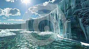 The intense pressure from the icy water causes a large iceberg to suddenly split into multiple pieces photo