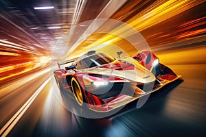 An intense race car with red and white colors zooming through a tunnel at high speed in an adrenaline-filled race, Racing car at