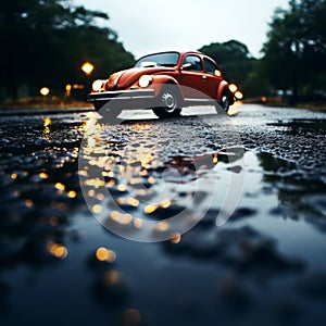 Intense rain, car tires create artistic ripples on wet road