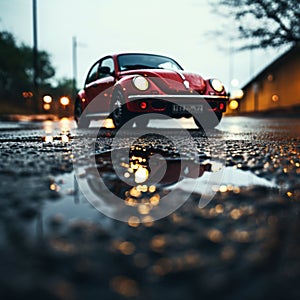 Intense rain, car tires create artistic ripples on wet road